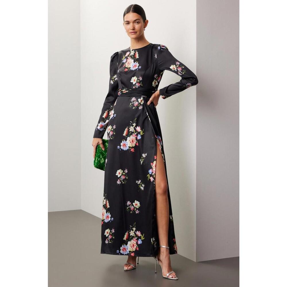 Ieena for Mac Duggal Faux Wrap Floral Gown Black Size 14 ( As Is Condition)